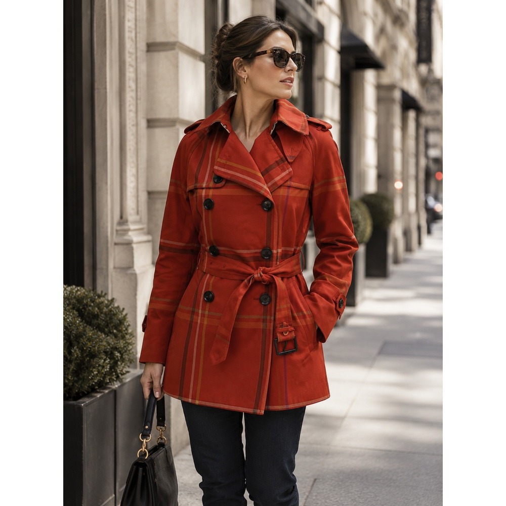 Coach Red Plaid Tattersall Flip Collar Belted Double Breasted Trench Coat Jacket